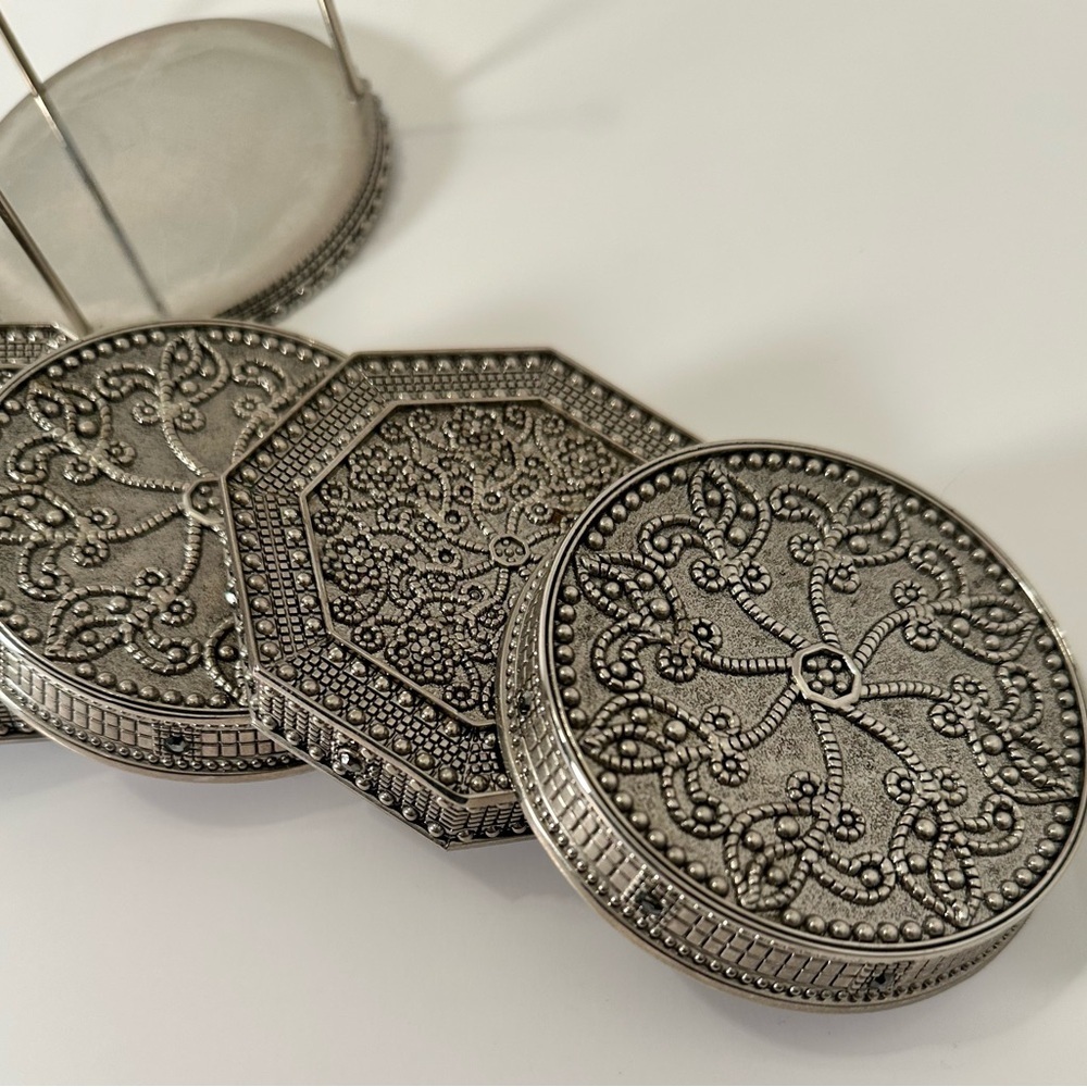 Vintage WALLACE Silver Coasters, Black Rhinestones, Rare7 Pieces, 2 Shapes - Picture 5 of 8